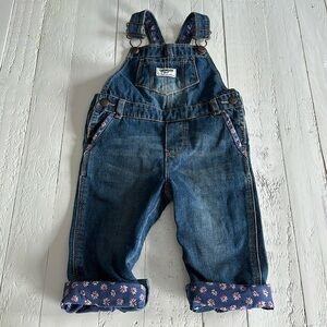 🧡12m VTG OshKosh denim overalls with floral print roll up hems, and pockets